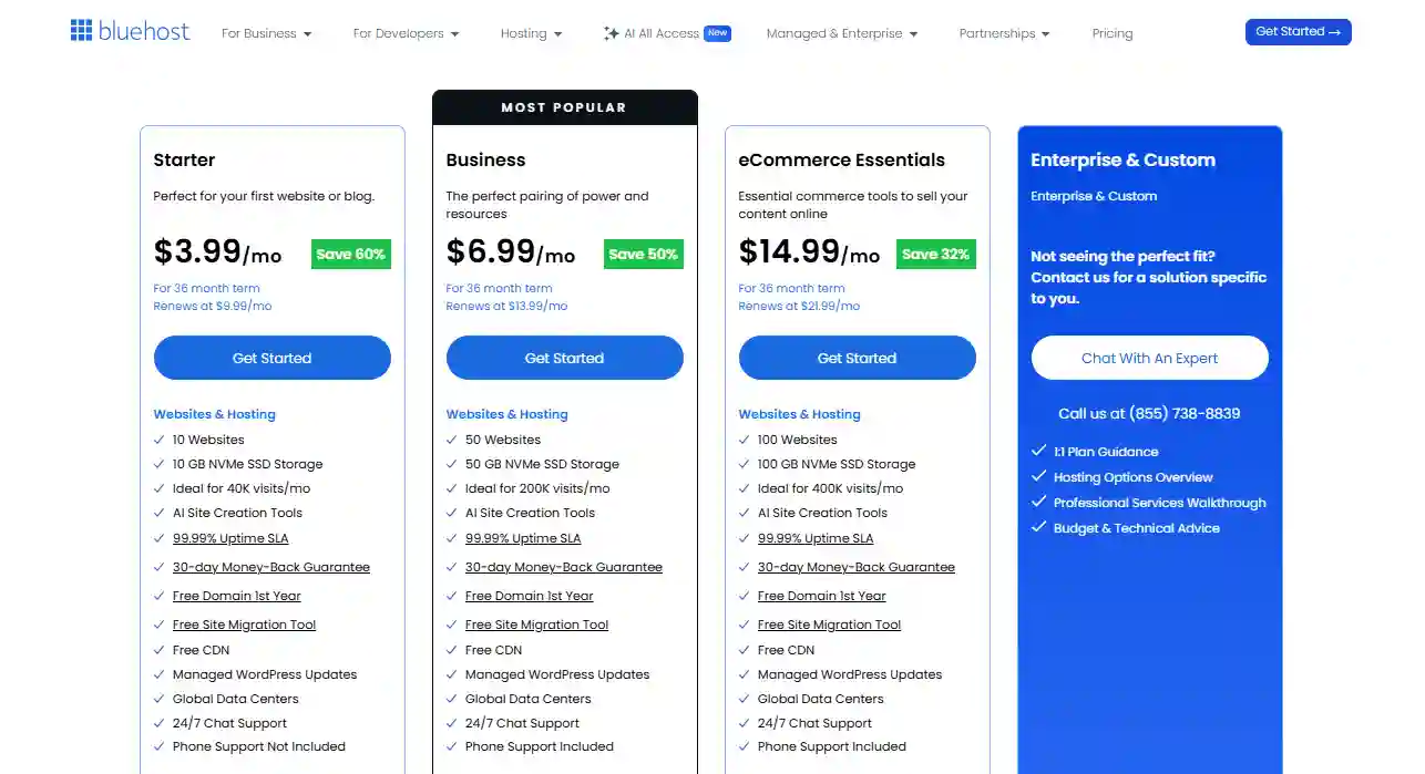 Planes de Bluehost: alojamiento web tradicional recomendado por WordPress